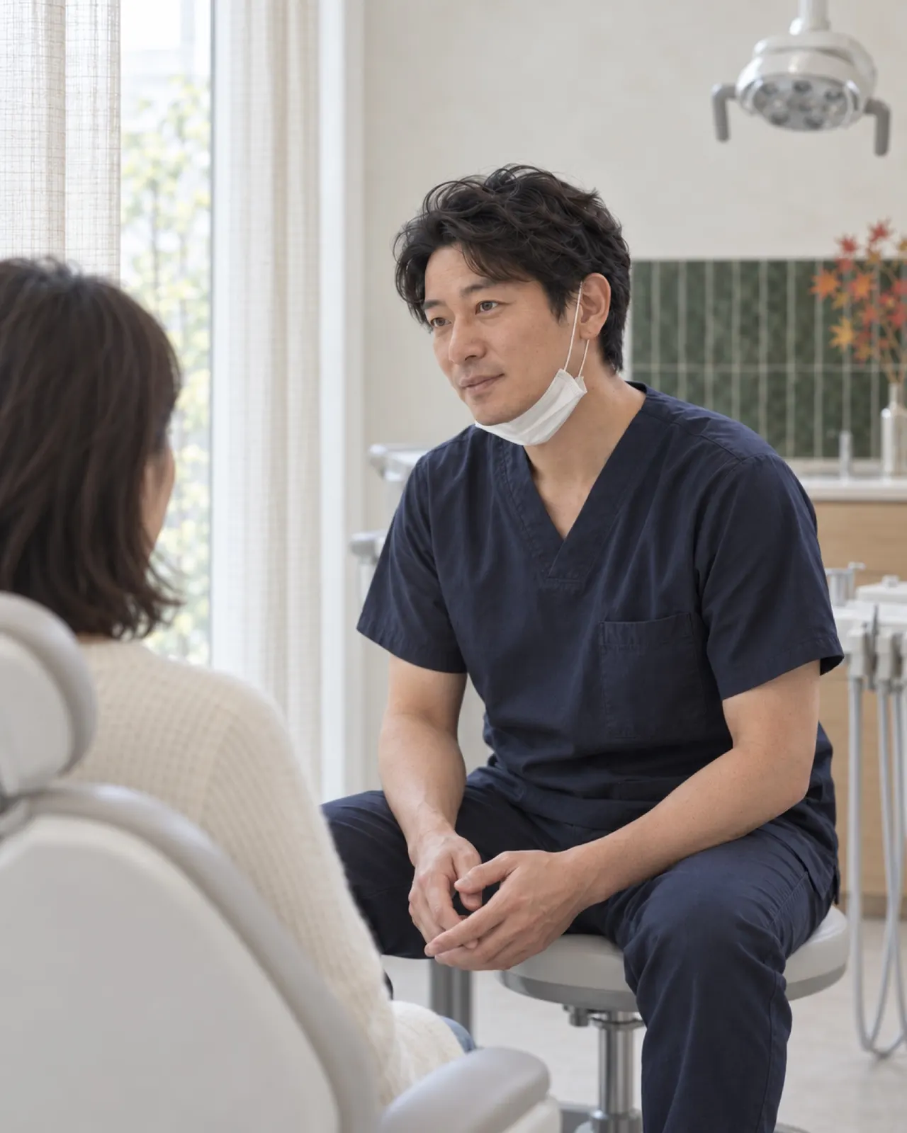 起こした診療台に座る患者の話を、院長が目の高さで聞いている（写真は見本）